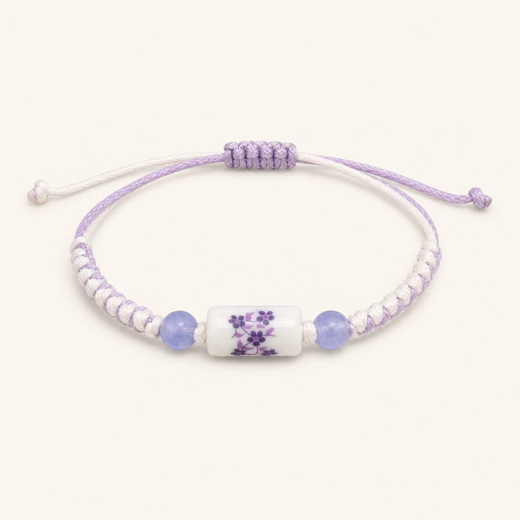 [Pulseras WEB] Pulsera de Hilo Cerámica Floral Lavanda